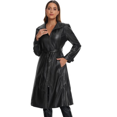 INSPIRE CHIC Women's Faux Leather Lapel Long Sleeve Zip Casual Long Coat Black Medium