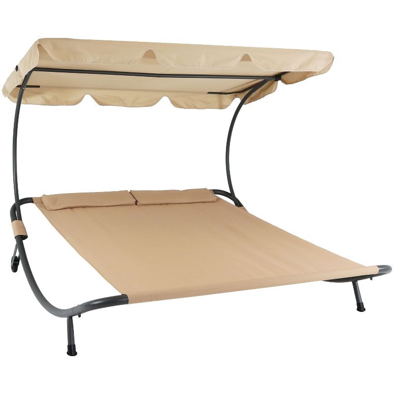 Sunnydaze Outdoor Double Chaise Lounge Bed with Canopy Shade and Headrest Pillows, Beige, 1 of 10
