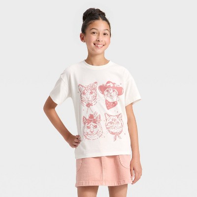 Girls' Short Sleeve Oversized Cowgirl Cats Graphic T-Shirt - Cat & Jack™ Cream