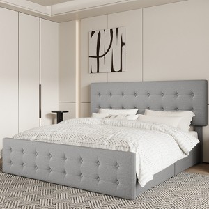 Bed Frame with 4 Storage Drawers, Linen Upholstered Platform Bed Frame with Wooden Slats Support, Button Tufted Design - 1 of 4
