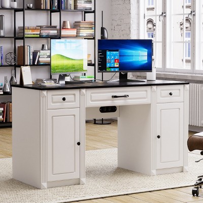PAKASEPT 58" Desk with Charging Station & Drawer, Wood Executive Desk with 2 Storage Cabinet, Home Office Desk
