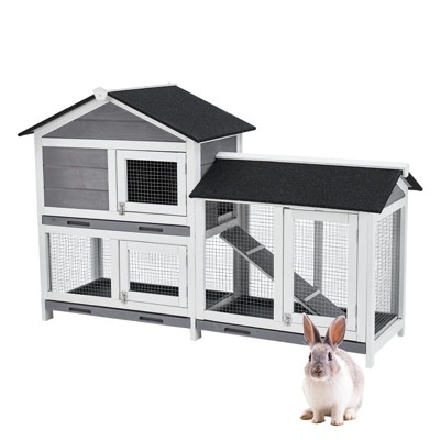GustoWave 63'' Rabbit Hutch Indoor and Outdoor 2-Story Rabbit Cage with Pull Out Tray 3 Leak-Proof Trays Fir Wood Pet House with Wooden Ramp