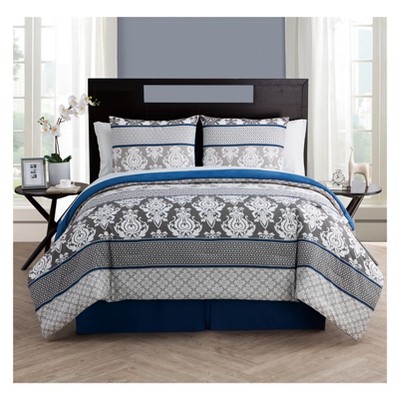 Full Blue Damask Microfiber Bed in a Bag Set