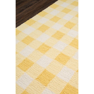 Yellow and White Checkered Polyester Handmade Area Rug