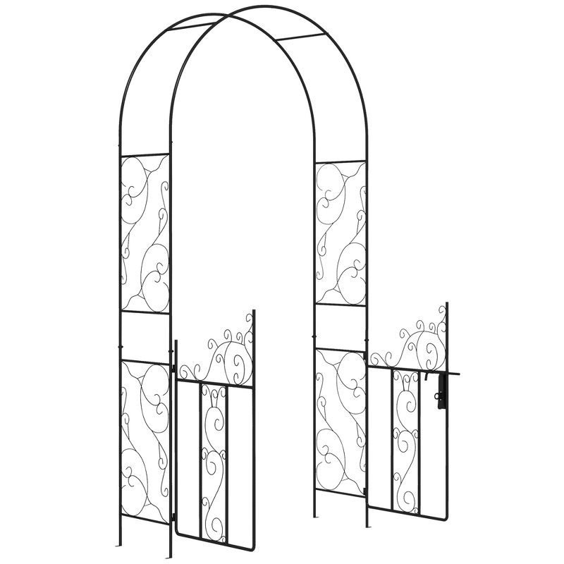 Outsunny 89.25" Metal Garden Arch with Gate, Garden Arbor Trellis for Climbing Plants, Roses, Vines, Wedding Arch, Black, 1 of 7