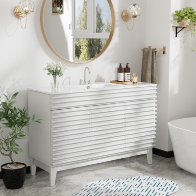 ROOMTEC 24 in. Bathroom Vanity with Ceramic Sink, Mid-Century Cabinet with 2 Soft-Close Doors, Freestanding, Wood Grain Laminate, Walnut