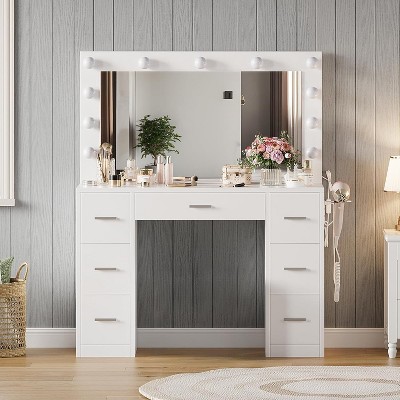 43" Vanity Desk with Mirror and LED Lights, White Makeup Vanity with 7 Drawers and Power Strip, 3 Color Modes & Adjustable Brightness Dressing Table