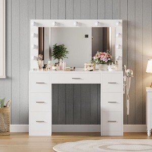 43" Vanity Desk with Mirror and LED Lights, White Makeup Vanity with 7 Drawers and Power Strip, 3 Color Modes & Adjustable Brightness Dressing Table - 1 of 4