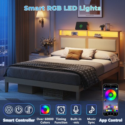 Furnulem Queen Bed Frame with Headboard Upholstered Corduroy Bedframe with LED Lights and Charging Station Frame with Storage Shelf，Solid Wood Support