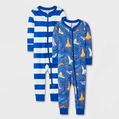 Baby Boys' 2pk Space Ship & Striped Tight Fit Pajama Romper - Cat & Jack™ Blue 12M