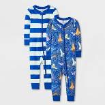 Baby Boys' 2pk Space Ship & Striped Tight Fit Pajama Romper - Cat & Jack™ Blue