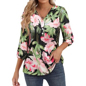 Nlife Women's Casual V Neck Floral Print 3/4 Length Sleeve Blouses Tropical Hawaiian Shirt Tops - 1 of 4