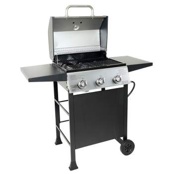 Grill Boss 27,000 BTU 3 Burner Outdoor BBQ LP Gas Grill for Barbecue Cooking with Lid, Wheels, Side Shelves, and Temperature Guage, Black/Silver