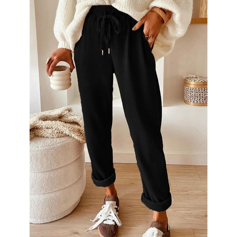 Women‘s Elastic Waist Corduroy Pants, Relaxed Straight Leg Casual Lounge Trousers with Pockets black,L