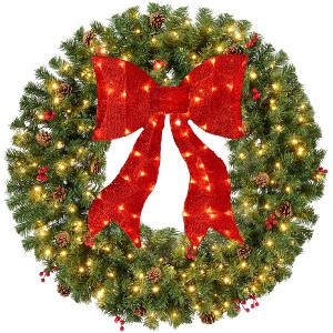 Best Choice Products Pre-Lit Christmas Wreath w/Berries & Pinecones, Large Artificial Indoor/Outdoor Décor, w/Red Lighted Bow, Plug-in - 1 of 4