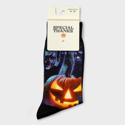 Men's Special Thanks Halloween Black Cats Pumpkin House Crew Socks - 6-12