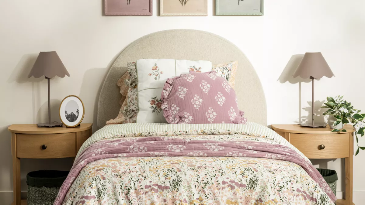 Teen girl's bedroom with mix patterned bedding
Teen boy bedroom desk area