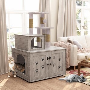 Hooseng Cat Tree with Litter Box Enclosure, Cat Litter Box Enclosure with Scratching Post and Soft Plush Perch, Wooden Cat Tree - 1 of 4