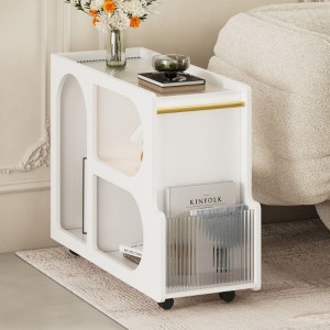 Mobile End Table with Lockable Wheels, Narrow Coffee Table with 5mm Thick Fluted Tempered Glass - 1 of 4