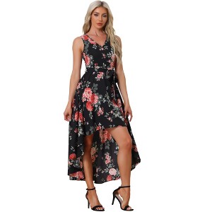 INSPIRE CHIC Women's Casual V Neck Floral Print Belt Sleeveless Maxi Dress - 1 of 4