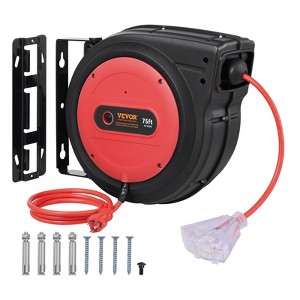 VEVOR Retractable Extension Cord Reel, 75 FT, Heavy Duty 14AWG/3C SJTOW Retractable Power Cord with Lighted Triple Tap Outlet, Black - 1 of 4