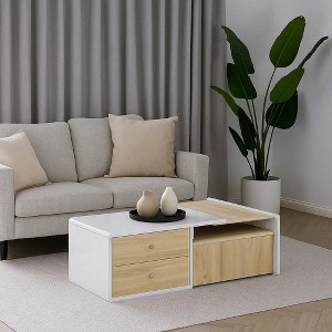 Royal Hampton 2 Drawer Contemporary Coffee Table with Pull Out Table, White and Brown - 1 of 4