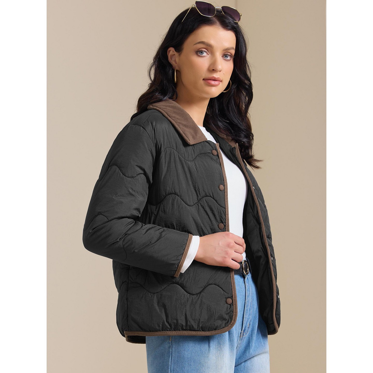 Женская куртка INSPIRE CHIC Casual Long Sleeve Button Down Padded Outerwear Puffer Jacket Medium Black, цвет: Чёрный — фото 2