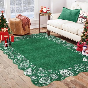Scalloped Christmas Rug Non Slip, Washable Low Pile Non Shedding Xmas Holiday Carpet Indoor Printed Area Rug - 1 of 4