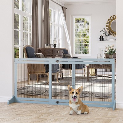 LAOTIES 72" Extra Wide Freestanding Dog Gate with Adjustable Length,Wooden Pet Barrier with Steel Wire for Doorways And Hallways