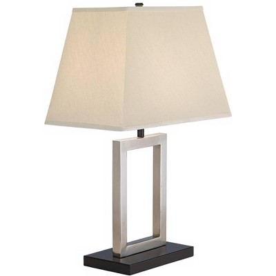 Modern Brushed Nickel Geometric Table Lamp with Beige Fabric Shade