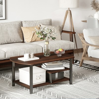 Vintage Dark Wood and Metal Rectangular Coffee Table with Shelves