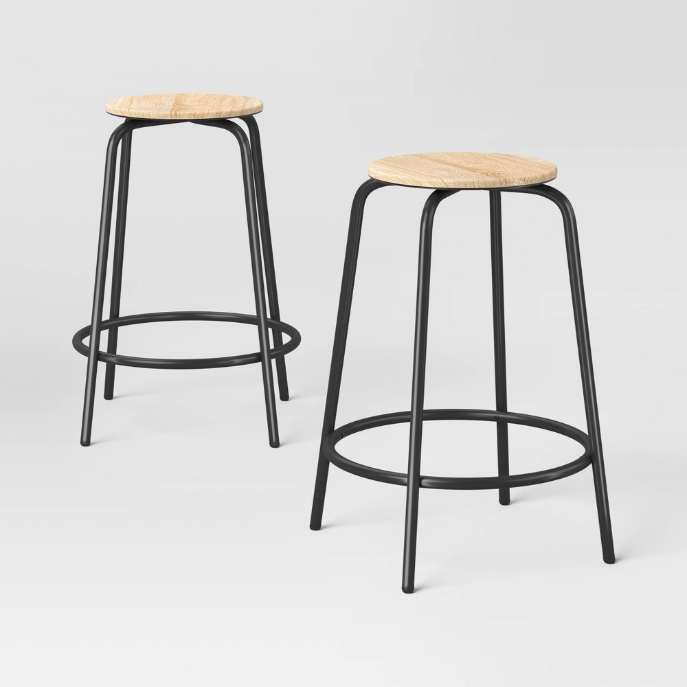 Set of 2 24" Wood with and Metal Base Backless Counter Height Barstool Stool Natural - Room Essentials™