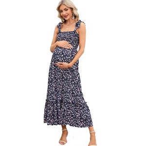 Women's Smocked Maternity Boho Summer Dress Casual Spaghetti Strap Ruffle Sleeveless Swing Maxi Dress Baby Shower Photoshoot - 1 of 4