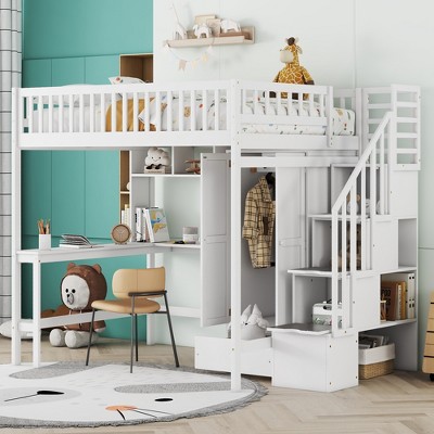 Full Size Loft Bed With Bookshelf, Drawers, Desk And Wardrobe, White 4a ...