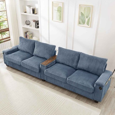 4-Seater Sofa Couch with Hidden Arm Storage, Sofa with USB Ports and Flip-Top Cup Holders, Corduroy Sofa with Plywood Frame-Cuddlewood