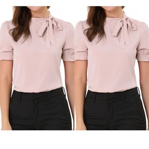 Allegra K Women's Elegant Bow Tie Neck Elastic Cuffs Office Short Sleeve Blouse 2 Pcs - 1 of 4