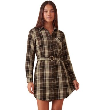 casual tunic dress for women INSPIRE CHIC Women's Vintage Long Sleeve Waist Belt Plaid Comfortable Mini Shirt X Large Brown When storing Color:Black and Nude Denim 1-99 Eid Collection 2026 -