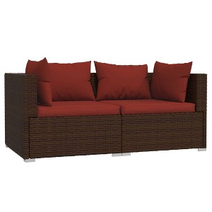 vidaXL Poly Rattan Patio Loveseat with Cushions - 2-Seater Outdoor Lounge Set in Brown and Cinnamon Red - Fabric Cushions - 1 of 4