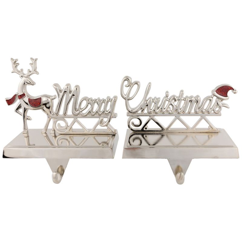 Northlight Set of 2 Silver Reindeer Merry Christmas Metal Stocking Holders 5.5", 1 of 7
