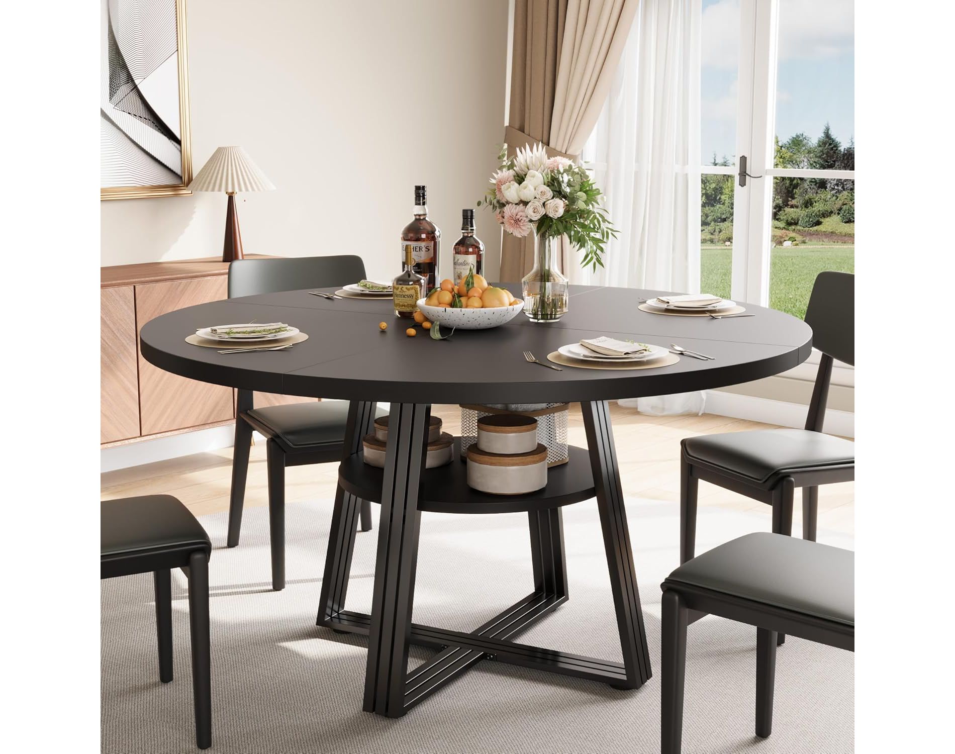 47" Round Farmhouse Dining Table for 4-6 with Storage Shelf, Wood Top & Metal Cross Base, Space-Saving Kitchen & Dining Room Table, Black