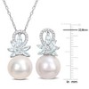 EVERLY JEWELRY | Sterling Silver 11-12mm Cultured Freshwater Pearl,  Aquamarine and 1/6 TDW Diamond 2-pcs Floral Drop Necklace and Earrings Set - 2 of 4