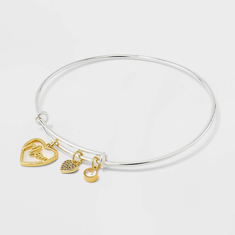 Stainless Steel with Gold Dipped Two Tone &#34;Mom&#34; Mother of Pearl Heart Cubic Zirconia Bangle Bracelet - Gold/Silver, 2 of 4