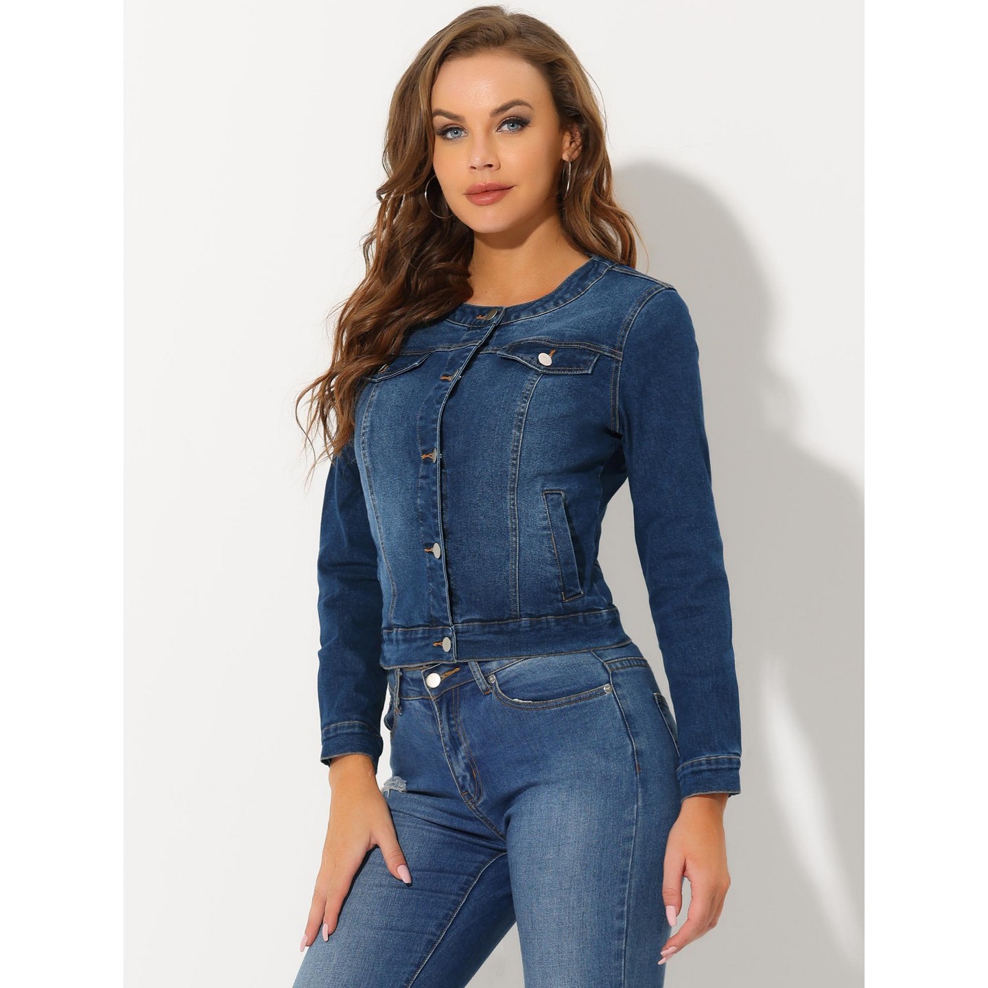 Женские куртки INSPIRE CHIC Button Down Collarless Long Sleeve Jean Jackets Small Dark Blue, цвет: Тёмный синий — фото 3