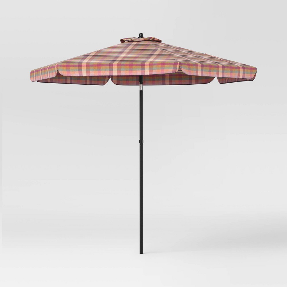 Photos - Parasol 7.5' Plaid Scalloped Edge Outdoor Round Patio Market Umbrella with Black Pole - Threshold™