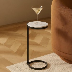 C Shaped Martini Drink Round Table with Black or Gold Metal Base, Carrara Marble top - 1 of 4