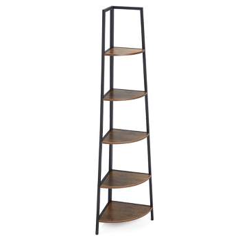 JOMEED 5 Shelf Industrial Corner Etagere Ladder Bookcase for Corner Spaces in Apartments, Studios, Offices, and Living Rooms, Black and Brown Wood