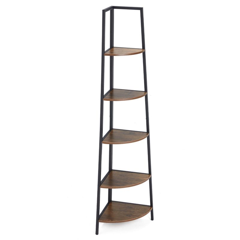 JOMEED 5 Shelf Industrial Corner Etagere Ladder Bookcase for Corner Spaces in Apartments, Studios, Offices, and Living Rooms, Black and Brown Wood, 1 of 7
