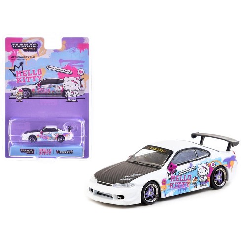 Nissan Silvia (S15) Vertex RHD "Hello Kitty Drift Car" White with Carbon Hood and Graphics 1/64 Diecast Model by Tarmac Works - image 1 of 4