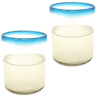 Dos Sueños Mexican Hand Blown Tumblers - Aqua Rim - 10oz - Set of 2