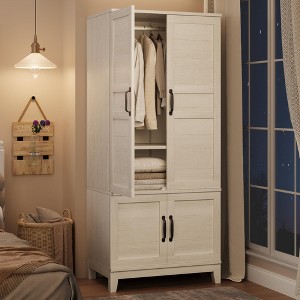 72" Wooden Armoire Wardrobe Closet with 4 Doors Freestanding Cabinet with Hanging Rod for Bedroom - 1 of 4